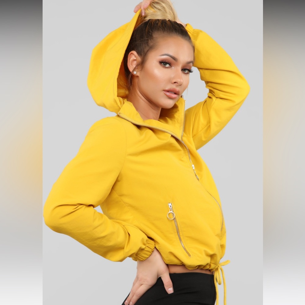 Cropped Yellow Drawstring Hoodie Jacket, Size: XS